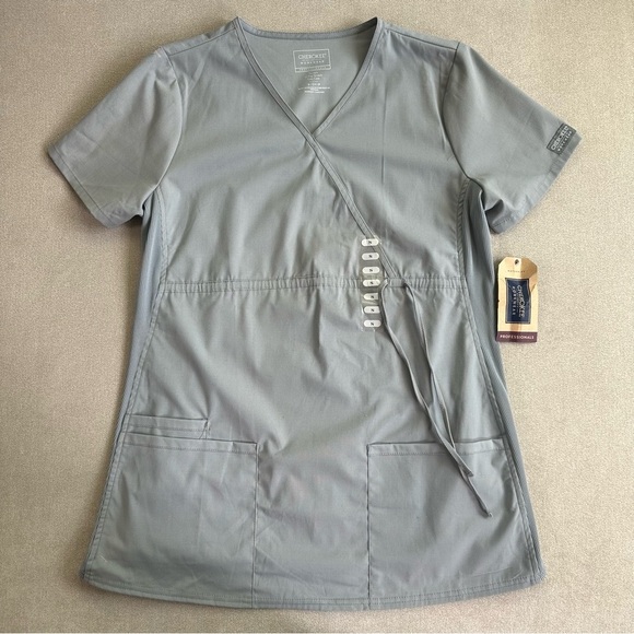 Cherokee Tops - Cherokee Maternity Mock Wrap Scrub Top. Grey. Small.